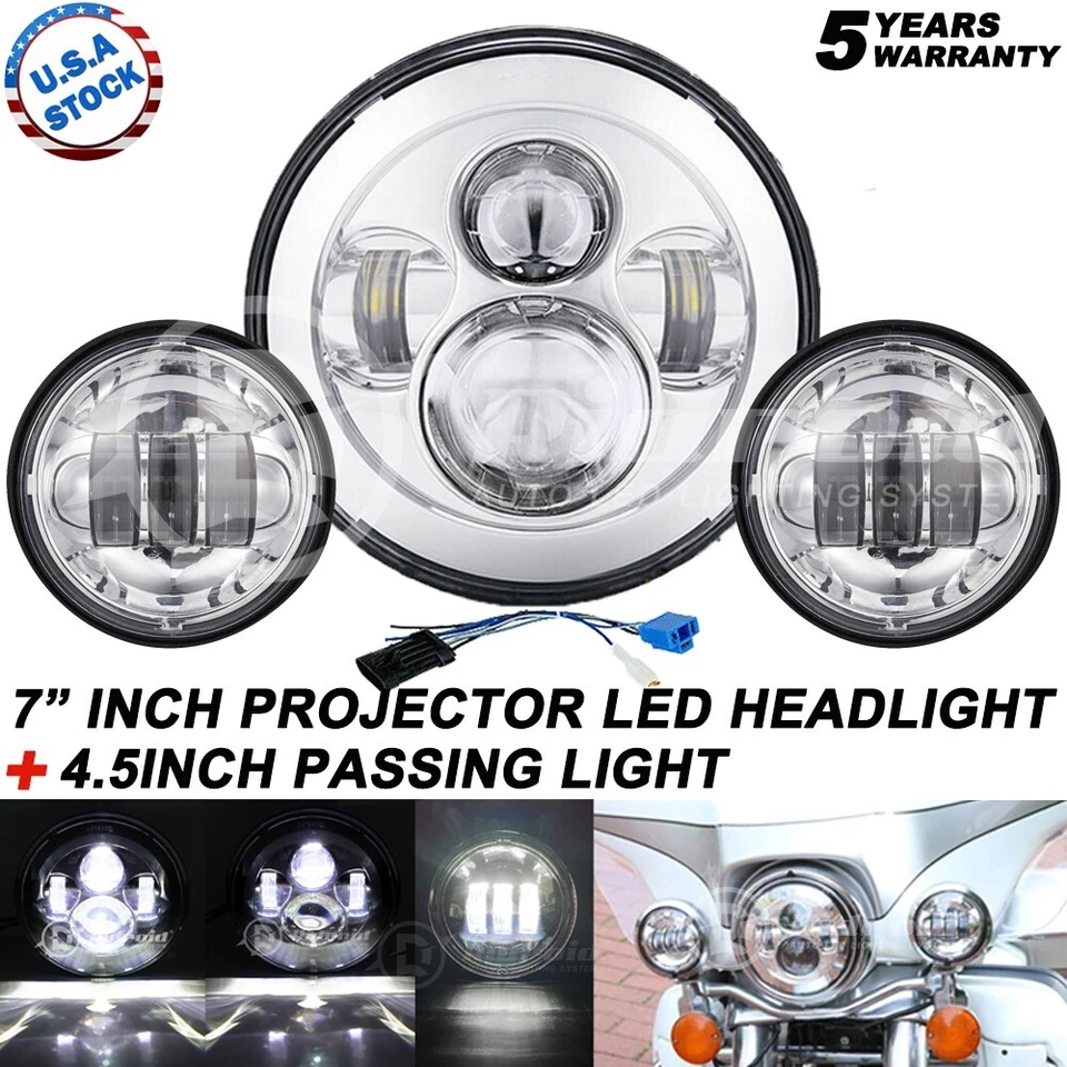 Fit for Honda Shadow VLX Chrome 75W 7" LED Headlight + 4.5" Passing Lights - Image 1 of 4