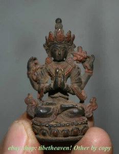 Antico tempio dipinto bronzo tibetano 5 cm 4 braccia Chenrezig Guanyin Buddha statua - Foto 1 di 5