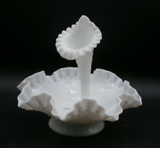 Vtg. Fenton Milk Glass Epergne Flower Vase 3-Hole w/ One Horn DIAMOND LACE 10" W