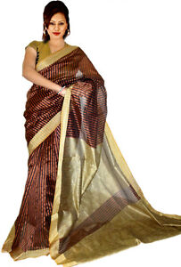 Art Silk Sari Saree Indian Dresse Curtain Drape Panel Fabric Top Veil Gold Color