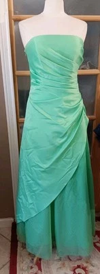 Vtg Onyx Nite Dress Maxi Occasion Gown Green Glitter Tulle Satin Strapless Sz 10 - Image 1 of 4