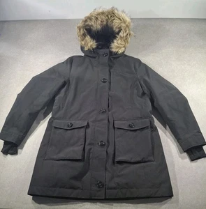 M & S Womens Parker Coat Goose Down Feather Faux Fur Hood UK 16 Black Winter - Picture 1 of 24