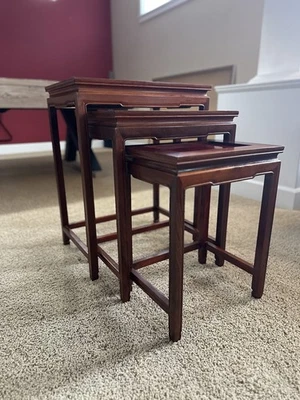 Vtg Asian Chinese Set of 3 Nesting Nested Side Tables Solid Rosewood EUC - Image 1 of 4