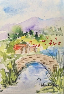 Bridge - Original ACEO or ATC Unmatted watercolor miniature painting - - Picture 1 of 4