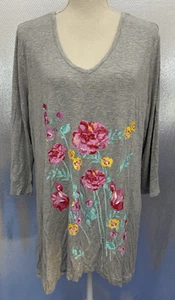 Anthony Richards Top Womens Sz XL Gray Floral Print 3/4 Sleeve Tee Shirt - Picture 1 of 5