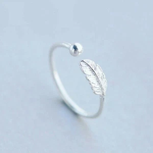 Silver Feather Ring Jewelry Open Band Fashion Boho Nature Adjustable - Picture 1 of 5