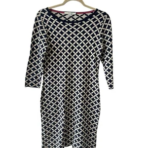Boden Women’s Sweater Dress US Size 6 Navy Cream Geometric Print Sheath Stretch - Picture 1 of 11