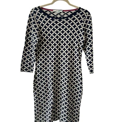 Boden 女式毛衣连衣裙美国 6 码海军蓝奶油色几何图案紧身弹力 — 第 1/4 张图片