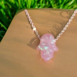 Collana con ciondolo in argento sterling 925 rosa OPALE delicato HAMSA mano di fatima - Foto 1 di 8