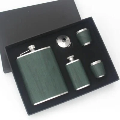 5 Piece Flask Gift Set, Stainless Steel Leather, Wine, Hip Flask, Whiskey, Gift - Image 1 of 4