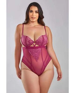 iCollection Queen Quinn Cross Dyed Galloon Lace & Mesh Teddy Wine - Picture 1 of 2