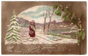 Kleines Mädchen Schnee Winter Landschaft Echt Foto Postkarte 1920 Französisch Art Deco RPPC - Bild 1 von 2