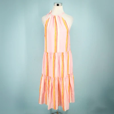 Club Monaco Size 2 Amirra Pink Stripe Layered Halter Sleeveless Midi Silk Dress - Image 1 of 4