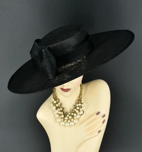 M23155( Black )Wide Brim Sinamay Fascinator hat Kentucky Derby Wedding Church - Picture 1 of 9