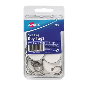Avery 11025 Split Ring Key Tags, 1-1/4" Diameter, White, Metal Rim, Pack of 50 - Picture 1 of 1