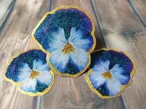 3 Vynl Stickers,Purple Pansies, Gold Trim & Glitter Water Bottle Laptop Phone - Picture 1 of 5