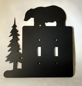 BEAR an Tree Double Light Switch Plate Cover Rustic Cabin Decor Plasma Metal Art - Picture 1 of 3