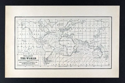 1894 Cram World Map - Progress of High Tides at New & Full Moon Ocean Surf Waves - Image 1 of 4