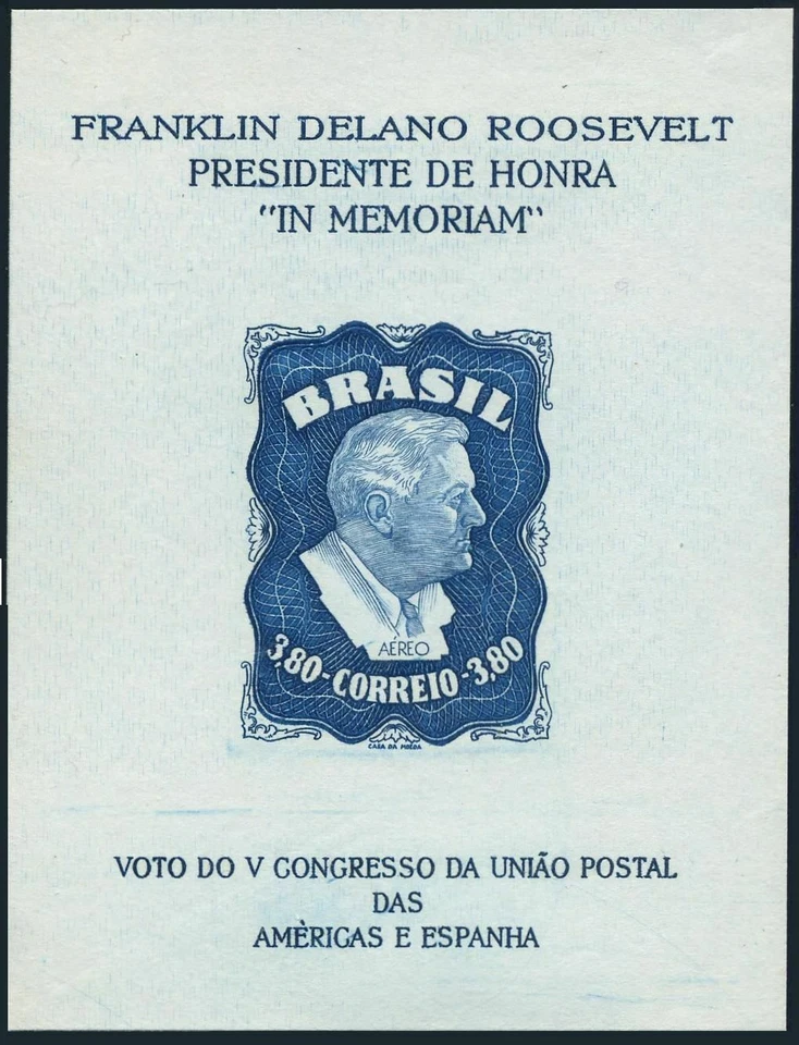 Brazil C76a, MNH. Michel Bl.10X. President Franklin Delano Roosevelt, 1949. - Image 1 of 1