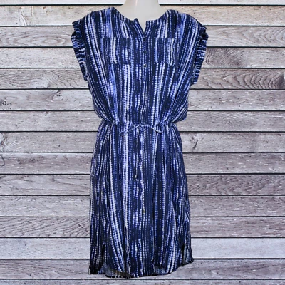 Vestido curto feminino Eddie Bauer alto baixo tamanho 10 listras azuis bolsos sem mangas - Imagem 1 de 4