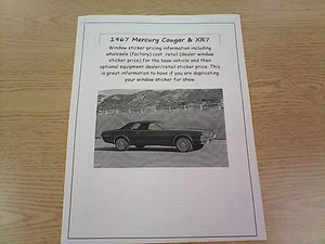 1967 Mercury Cougar factory cost/dealer sticker prices for car & options $$ - Picture 1 of 1