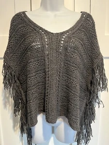Hollister Gray Knit Sweater Open Weave Poncho Fringe Short Sleeve Top One Size - Picture 1 of 4