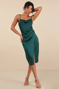 Nuevo sin etiquetas Vestido Midi Lulus 'Hollywood' Verde Bosque Satinado Talla Pequeña S Cóctel - Imagen 1 de 3