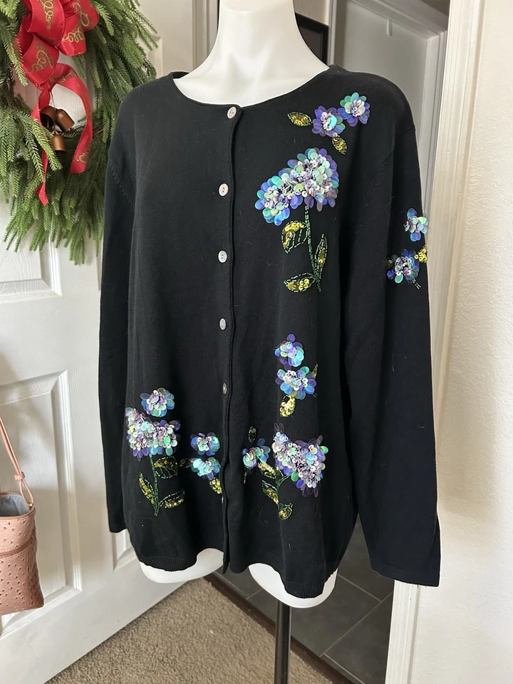 The Quacker Factory Black Embellished Cotton Blend Cardigan Swester, XL - Image 1 of 3