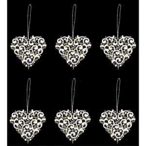 Gold and White Heart German Lace Christmas Tree Ornaments Set of 6 - Picture 1 of 1