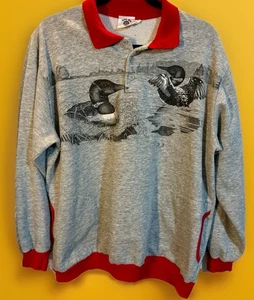 Vintage Loon Sweatshirt XL Vogel Wildtiere Kragen Fleece Taschen doppelseitig - Bild 1 von 24