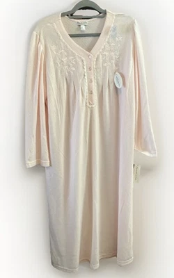 Miss Elaine Embroidered Long Sleeve  Long Nightgown Peach Cuddleknit Size XL NWT - Image 1 of 4