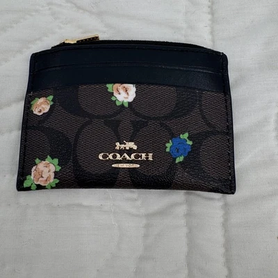 Coach Card Case Wallet Womens One Size Brown Black Signature Floral Zip Coin - Image 1 of 4