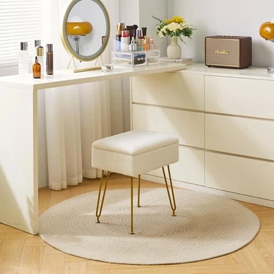 White Teddy Velvet Storage Ottoman Stool Modern Footrest Dressing Table Seat - Image 1 of 4