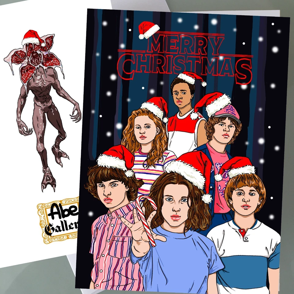 ABE GALLERY ART Stranger Things Christmas Card, Funny Holiday Card Girls Fan Art Eleven