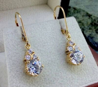 STUNNING PAIR OF 14K 14CT YELLOW GOLD QVC DIAMONIQUE DQCZ CZ DANGLE EARRINGS - Image 1 of 4