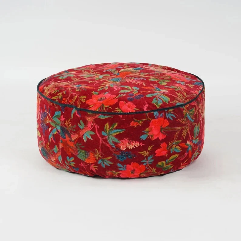 Red Bird Printed Large Zipped Throw Hippie Decorative Ottoman Cover Boho Poufs - Image 1 of 2