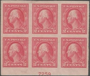 Plate Block of 6 stamps - Imperf. - Scott 409 - 2 cent - Washington - 1912 - MH - Picture 1 of 1