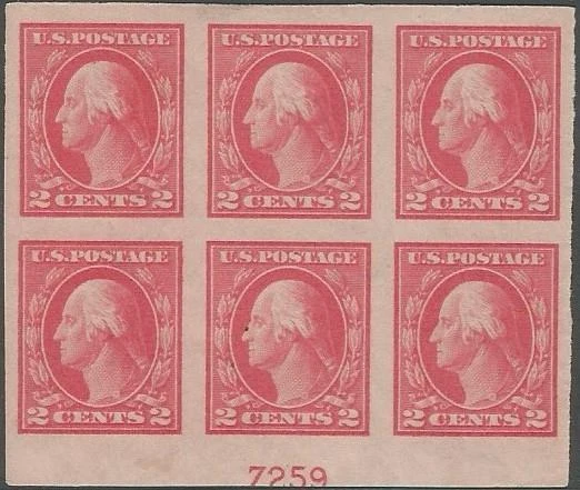 Plate Block of 6 stamps - Imperf. - Scott 409 - 2 cent - Washington - 1912 - MH - Image 1 of 1