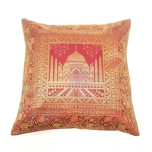 17x17 Zoll Kissenbezug Taj Mahal gewebt Zari Brokat weinrot Banarasi Seide Dekor - Bild 1 von 8