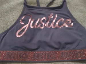 JUSTICE TEEN SIZE 16 SPORTS BRA, GRAY W/JUSTICE IN LARGE PINK LETTERS, ADJ STRAP - Picture 1 of 3