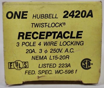 Hubbell HBL2420A 3 杆 4 线 20 A 3 相 250 VAC 扭转锁座 — 第 1/4 张图片