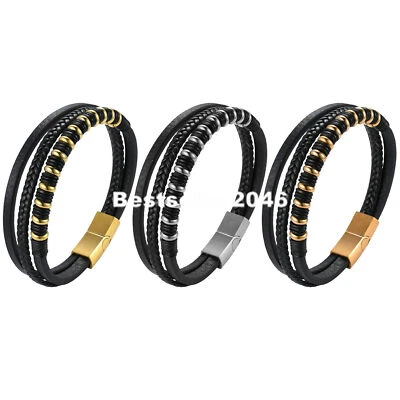 Men Multi-layer Leather Braided Bracelet Stainless Steel Magnetic Bangle 8.3" - Image 1 of 4