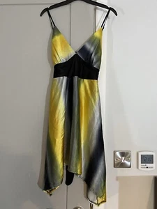 Ladies Yellow Strappy Midi Asymmetric Hem Belt Bow Dress Size 8 Yellow Black - Picture 1 of 3