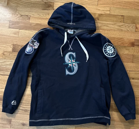 Majestic MLB Seattle Mariners Hoodie Blue Medium American League Embroidered Cover
