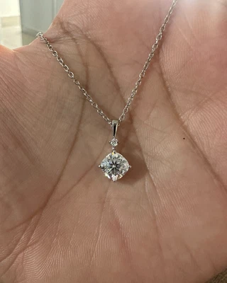 1.2ct Cushion Cut Moissanite Pendant Necklace 14K White Gold Vermeil Jewelry - Image 1 of 4