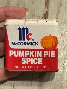 Vintage Spice Tin 1977 McCormick Pumpkin Pie Grocery Kitchen Halloween 1/3 Full - Picture 1 of 7