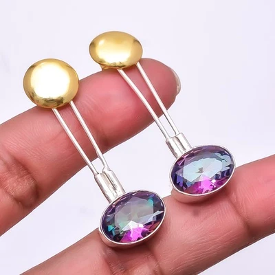 Rainbow Mystic Fire Topaz 925 Sterling Silver Two Tone Earring 1.87" E74 - Image 1 of 4