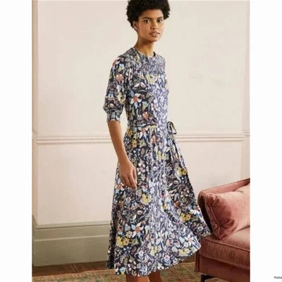 Vestido Boden Cuello Calado Jersey Azul Marino Floral Midi Talla Us 10R Foto 1 de 4