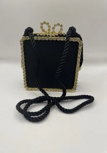 Vintage Kenneth Jay Lane Evening Bag Purse - Present- Black With Gold Rhinestone - Picture 1 of 15