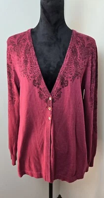 Cárdigan Eddie Bauer Mujer Grande Mezcla Angora Borgoña Vino Paisley 3 Botones Foto 1 de 4